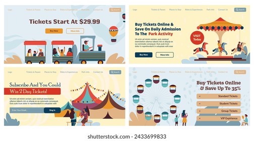 Web banner set for amusement park ticket sale. Landing page design collection with holiday recreation advertising, vector illustration. Tiny man woman character near fair carousel, attractions