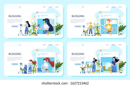 Web banner set of blogging concept. Idea of creativity and making content, modern profession. Characters recording video with cameras for their blog.