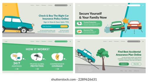 Web banner set with car insurance advertising. Flat transposrt at landing page interface collection, vector illustration. Vehicle security service offer at website design
