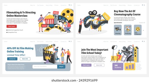 Webbanner-Set mit Cinematography-Kurs-Promo. Online-Landing-Page mit Filmemacher-Schule Werbung, Vektor-Illustration. Winzige Mann Frau Charakter Study Filmproduktion und Fernsehen