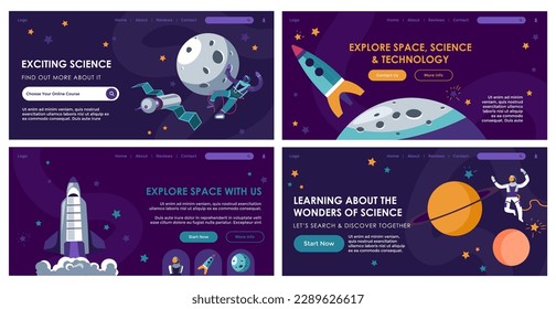 Diseño de banners web con oferta de aprendizaje científico. Lanzar la colección de páginas con el concepto de espacio explorado, ilustración vectorial. Carácter astronauta plano cerca de la luna, planetas y nave espacial