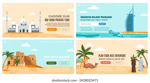 Web banner set with emirates trip advertising. Arabic country travel promo at agency landing page collection, vector illustration. Flat man woman in traditional clothes, landmark buildings