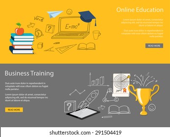 Web banner set. Flat isometric modern design business concept of higher school, university, online education, e-learning, business training, webinar with books, laptop, tablet. 3d illustration. eps 10