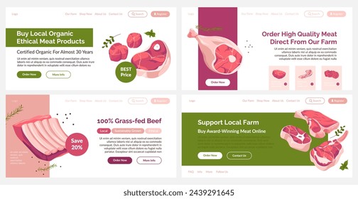 Web banner set with local organic meat advertising. Natural ingredient beaf advertising at landing page collection, vector illustration. Grocery website with special offer, high quality meal