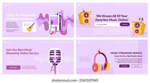 Web banner set for music streaming service promo. Tiny flat man woman character listen songs online at landing page, vector illustration. Landing page with mp3 player, microphone and headphones