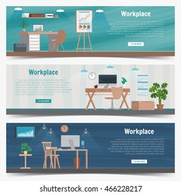Web Banner set Office workplace interior design Graphic Design. Business objects, elements and equipment. Flat Design Illustration Concepts.