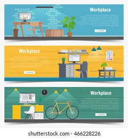 Web Banner set Office workplace interior design Graphic Design. Business objects, elements and equipment. Flat Design Illustration Concepts.
