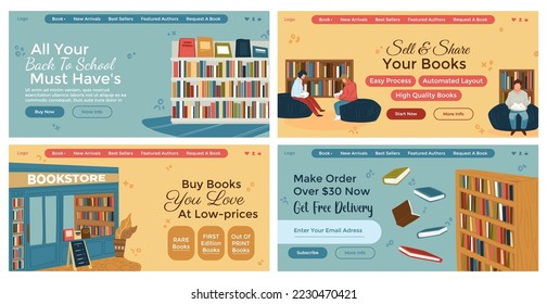 Web banner set with online book store advertising. Flat man woman character read at library at landing page collection, vector illustration. Low prices for literature, get free delivery offer