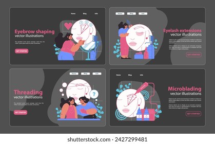 Web banner set showcasing eyebrow shaping, eyelash extensions, threading, and microblading services with engaging vector illustrations