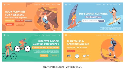 Web banner set with summer activity book service. Landing page collection with flat man woman character at recreation, vector illustration. Plan hiking tour, reserve journey offer at website