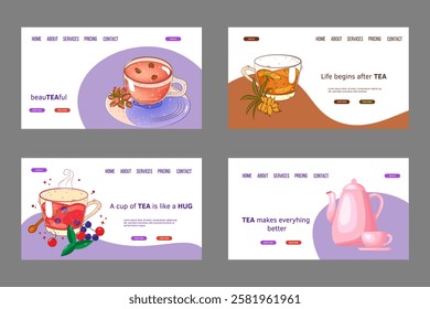 Web banner set template with tea, teacups, teapot. For poster, card, banner, discount, special offer. Vector illustration EPS10 
