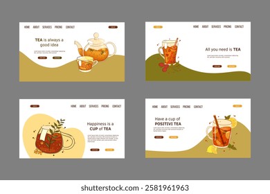 Web banner set template with tea, teapot, teacup, berries. For poster, card, banner, discount, special offer. Vector illustration EPS10 
