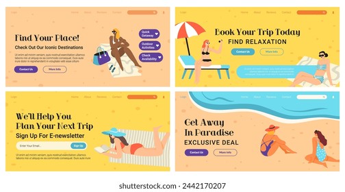 Web banner set with trip reservation advertising. Landing page collection with flat woman character at beach resort, vector illustration. Summer vacation offer at website design, plan tour online