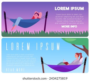 Web banner set. Vector illustrations of people enjoying leisure time in hammocks, with space for text