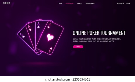 A web banner with shiny, neon, pink and purple poker cards.