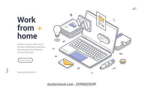 Web banner showcases an isometric design highlighting a laptop, smartphone, and various office supplies in a home workspace. Perfect for promoting remote work content or products