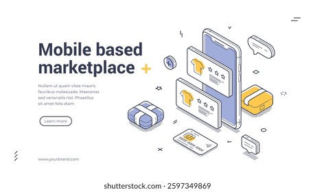 Web banner showcases a mobile based marketplace featuring isometric design elements. It highlights products, user reviews, and a call to action for deeper engagement, perfect for promoting ecommerce.