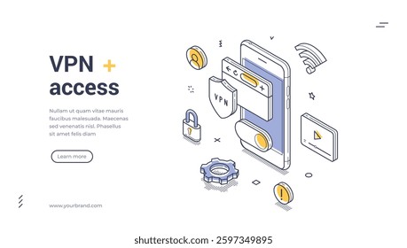 Web banner showcases a VPN access template featuring isometric design elements like a smartphone and security icons. It emphasizes digital privacy through effective visuals. Vector illustration