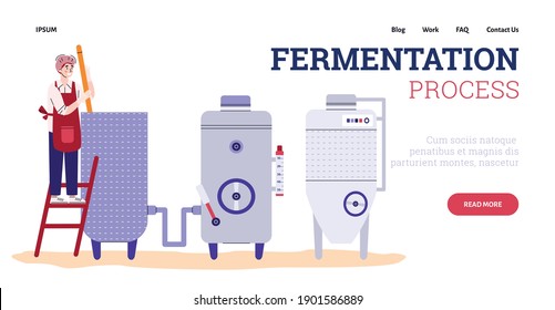 Web banner showing winemaking fermentation process on automated equipment, cartoon flat vector illustration. Winery or wine processing plant or factory web page template.