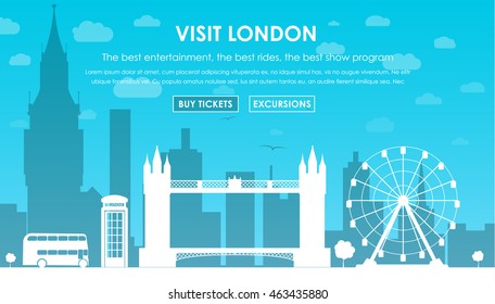 Web banner with silhouette of London buildings in the afternoon. Template for tourism and Journey. Vector illustration