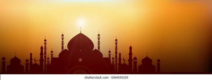 Web banner with silhouette of mosque on evening background. 