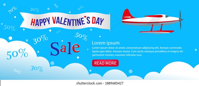 Web banner with a single engine airplane in the blue sky. Flying ad banner with the inscription Happy Valentine's Day 