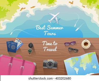 Web banner for site travel agency, flat design, top view. The plane, beach, boat, stuff for travel