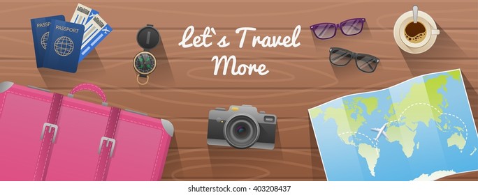 Web banner for site travel agency, flat design, top view. Vector illustration