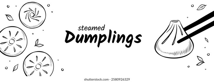 Web banner with sketch illustrations of traditional Asian cuisine. Vector engraved drawing of steamed dumpling in chopsticks. Design for website, advert, social media, or restaurant menu.