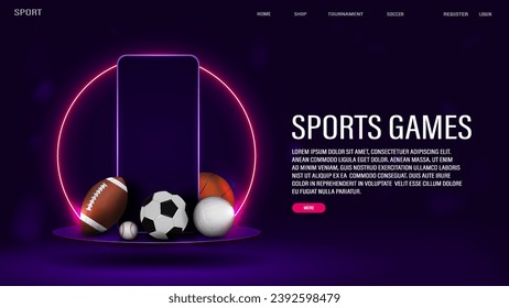 A web banner with a smartphone and balls for football, basketball, volleyball and baseball on a 3d podium with a neon frame on a purple background. A concept for sports betting.