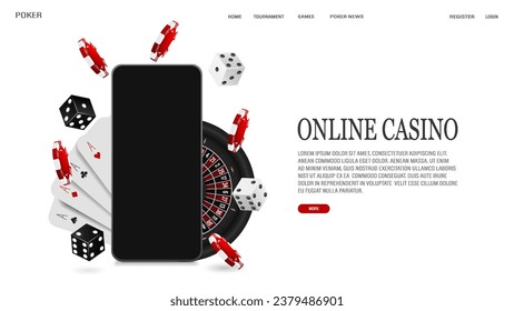 A web banner with a smartphone, cards, casino roulette, chips and dice for poker on a white background.