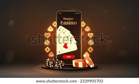A web banner with a smartphone with cards, dice and poker chips on a podium with a neon frame. A concept for a casino-themed website.