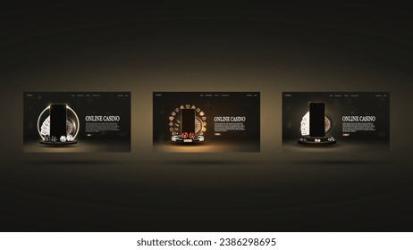 A web banner with a smartphone, casino roulette, poker cards, chips and dice on the podium in gold and black.