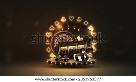 A web banner with a smartphone, casino roulette, poker chips, dice and cards on a podium with a neon frame of the suits of spades booby hearts and crosses on a black background.