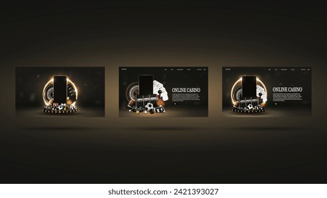A web banner with a smartphone, dice, chips, cards, roulette, slot machine, balls for football, basketball and baseball on a podium with a neon frame. The concept of casinos and sports betting.