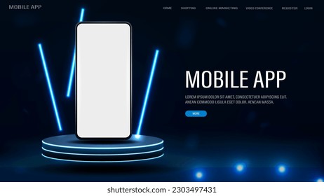 A web banner with a smartphone with a glowing white screen on a bright podium with neon lights.