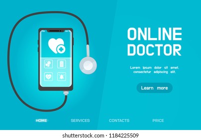 Web banner. smartphone Mobile healthcare application with stethoscope inside headphones jack. concept. Online Doctor, medical consultation concept web banner with text place.