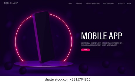 A web banner with a smartphone on a bright pink glossy podium with a neon frame. A concept for a website with text.