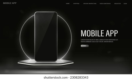 A web banner with a smartphone on a glossy podium with a neon round frame.