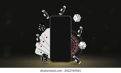 A web banner with a smartphone with roulette, cards, chips and dice for a casino on a dark golden background.