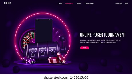 A web banner with a smartphone, roulette, dice, cards, slot machine and poker chips on a podium with a neon bright frame on a purple background.