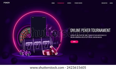 A web banner with a smartphone, roulette, dice, cards, slot machine and poker chips on a podium with a neon bright frame on a purple background.