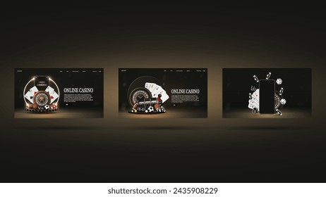 A web banner with a smartphone, sports machetes, roulette, cards, chips, dice and a casino slot machine in black and gold.