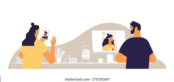 Web Banner In Social Media Concept. Man And Woman Communicate On The Internet Using A Mobile Phone And A Computer. Faces On The Screens Of Devices. Video Chat, Online Meeting And Dating. 