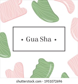 Web banner, Social media post, ad of Rose Quartz and Jade Gua Sha. Scraping massage tool. Natural pink and green stone scraper in different shapes. Trendy anti aging skin care. Vector flat background.