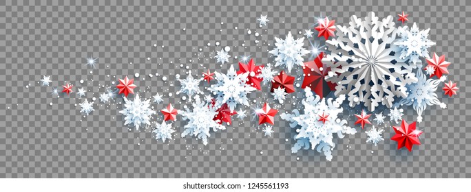 Web Banner Social Media template. Winter decoration with snowflakes, stars and balls on transparent background