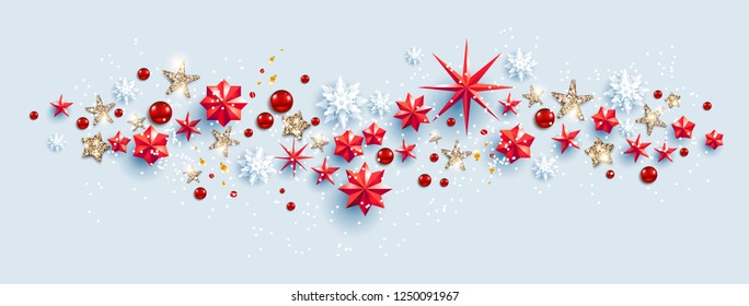 Web Banner Social Media template. Winter decoration with snowflakes, stars and balls festive luxury background