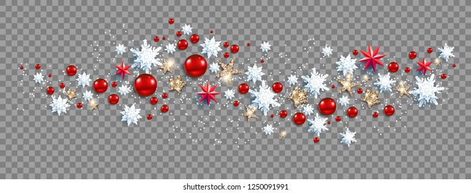 Web Banner Social Media template. Winter luxury decoration with snowflakes, stars and balls on transparent background