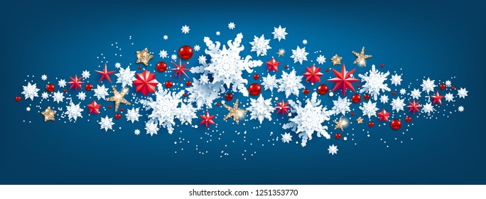 Web Banner Social Media template. Winter decoration with snowflakes, stars and balls festive luxury background