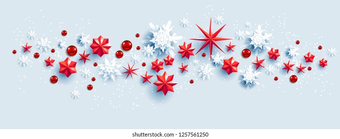 Web Banner Social Media template. Winter decoration with snowflakes, stars and baubles festive luxury background